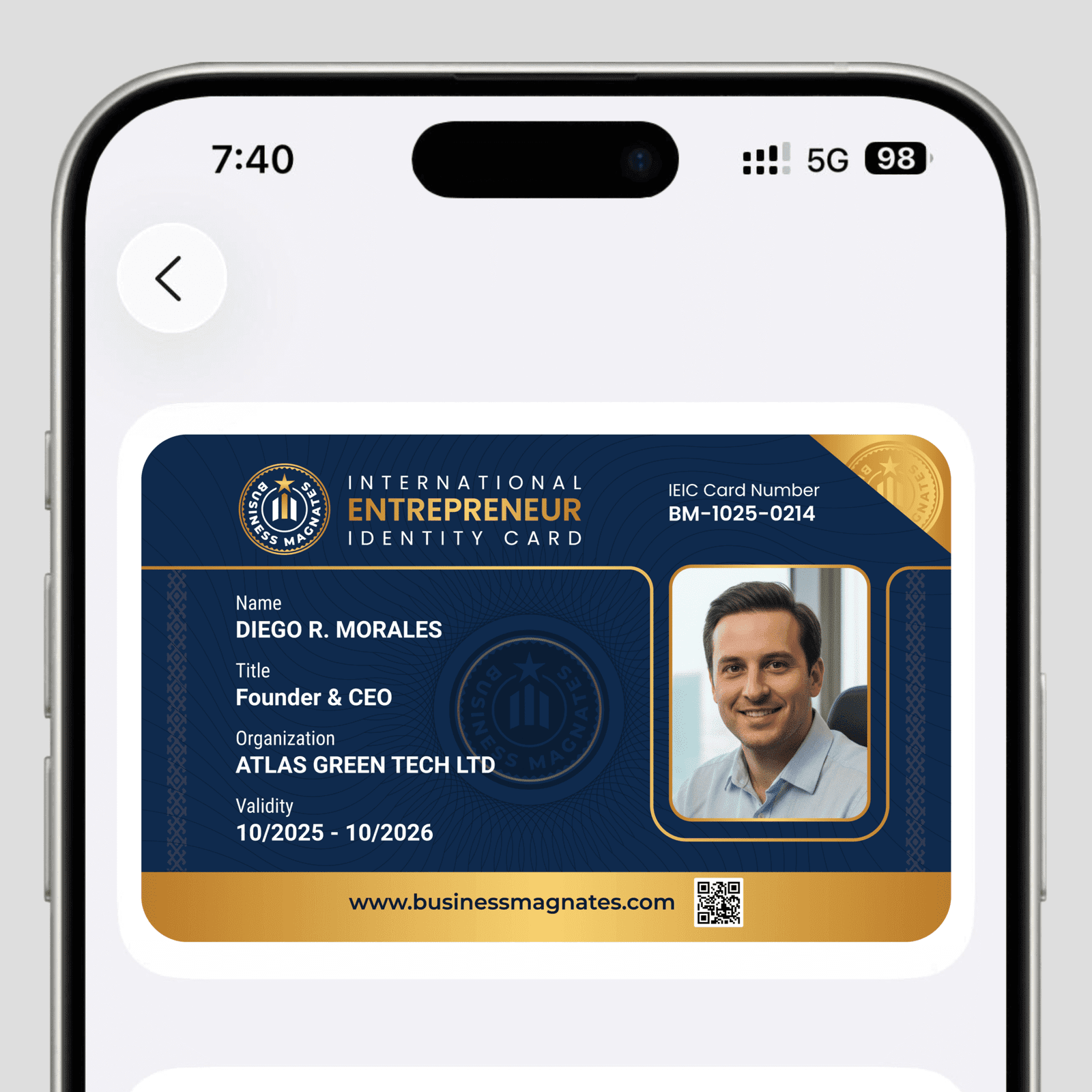 Business Magnates International Entrepreneur ID Card Sample