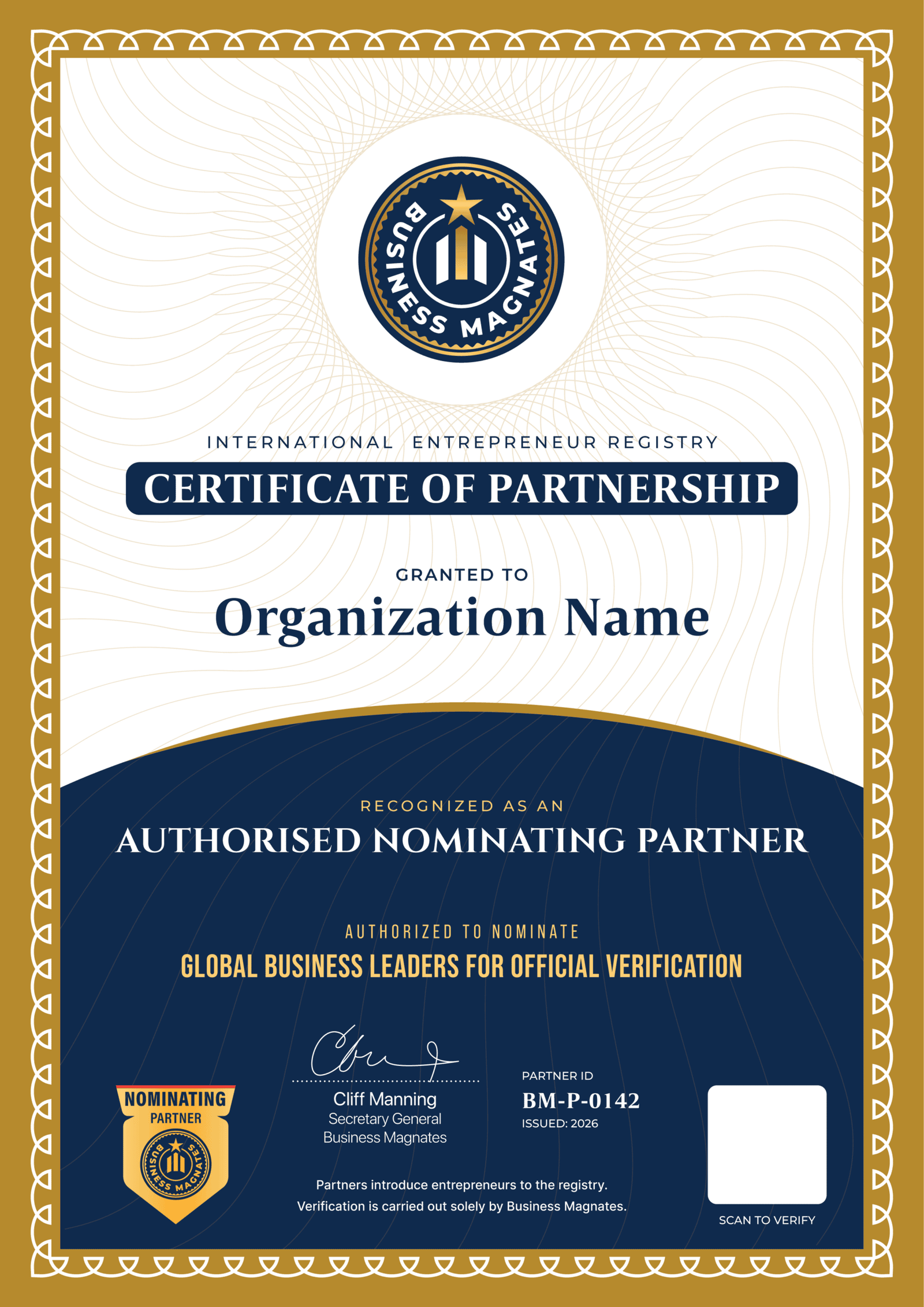 Business Magnates Authorised Nominating Partner Certificate